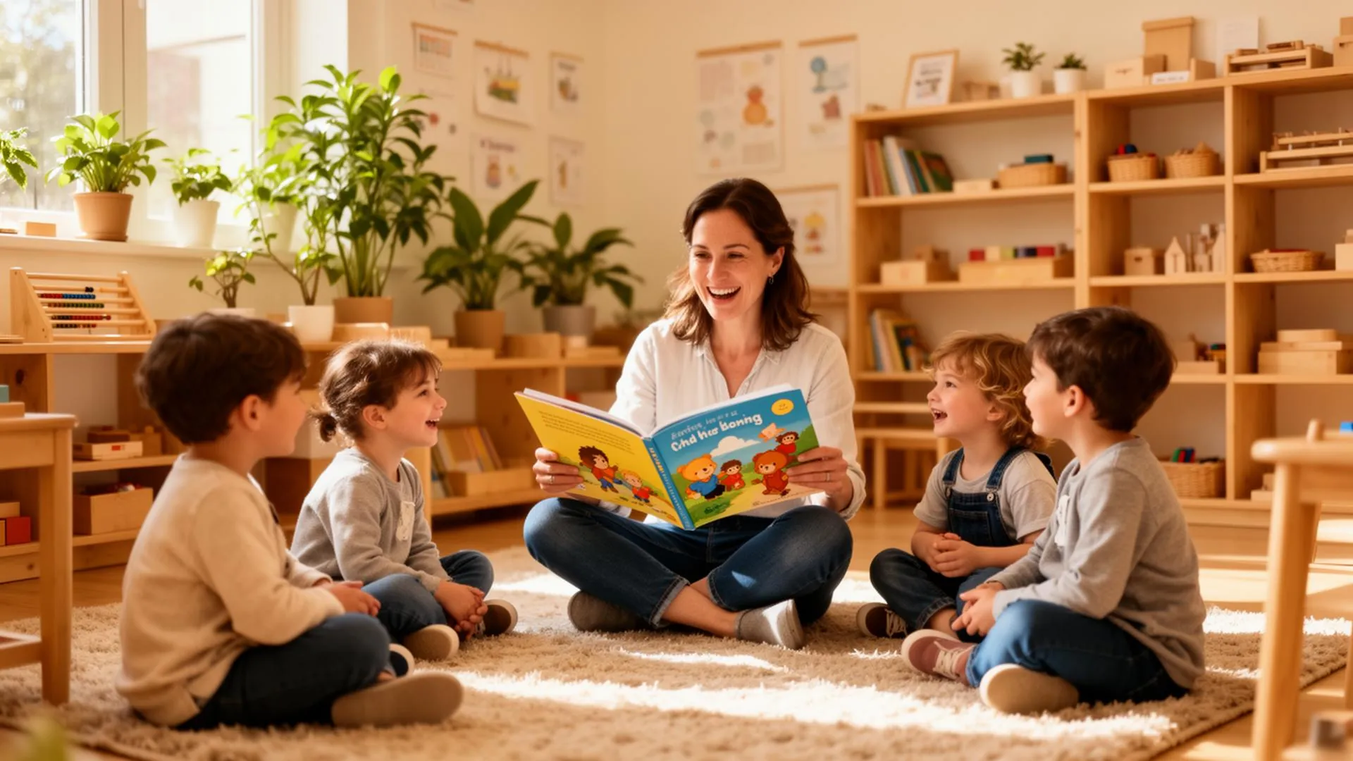 Educator reading a picture book with preschool children