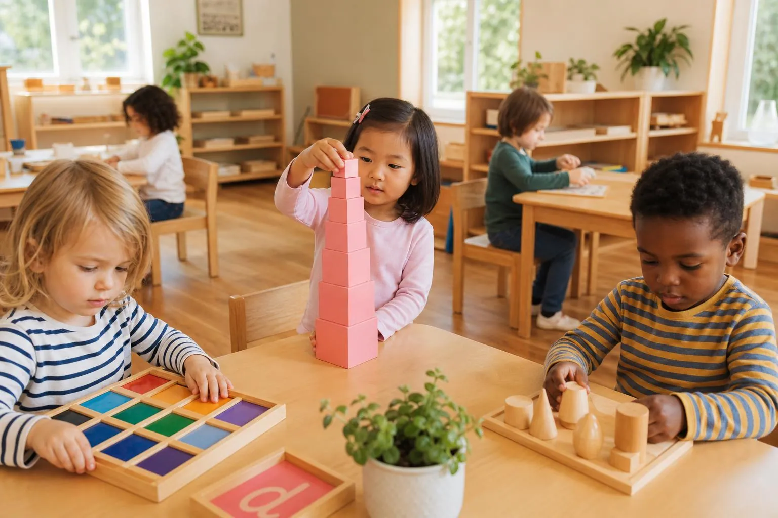Children exploring Montessori learning tools in a sunlit classroom
